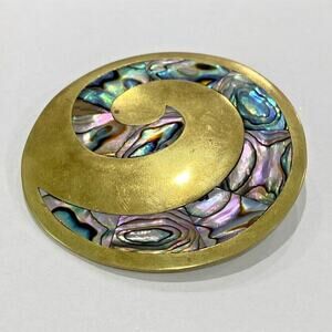 Artisan Brooch Pendant Pin Brass swirl & shell abalone inset statement jewelry